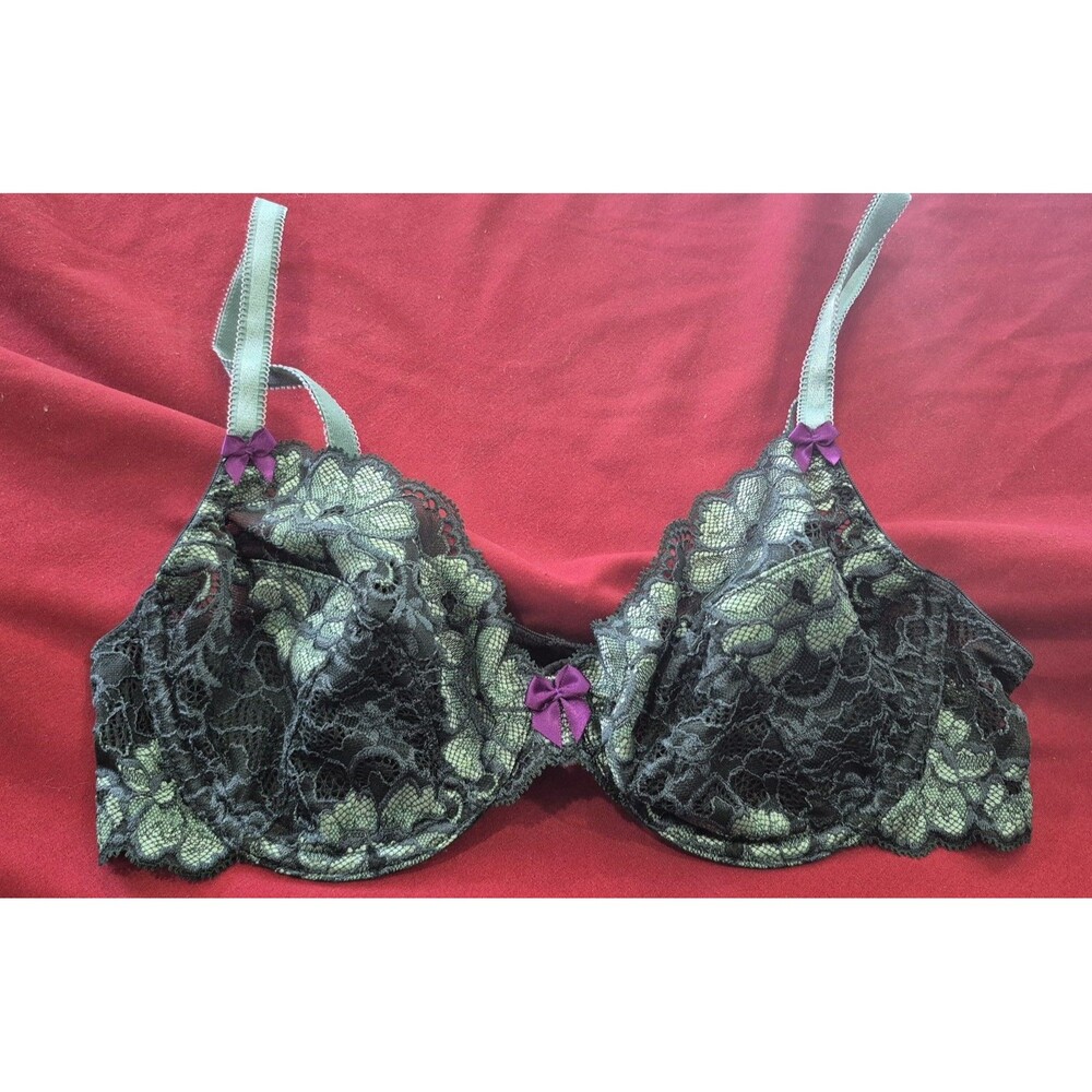 NWOT Adore Me 36B Green Lace Underwire Bra Purple Accents Sexy New